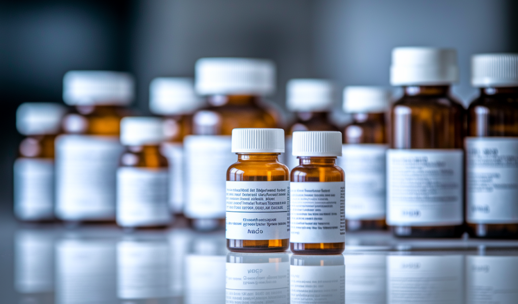 bouteilles-medicaments-flou-surface-blanche