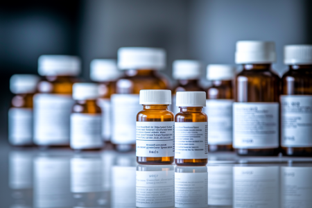 bouteilles-medicaments-flou-surface-blanche