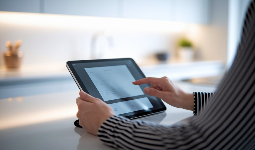 personne-tablette-comptoir-cuisine-moderne