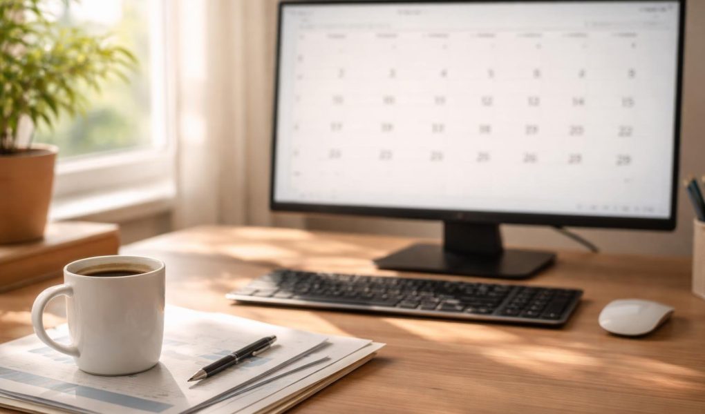bureau-ordinateur-calendrier-tasse-papiers