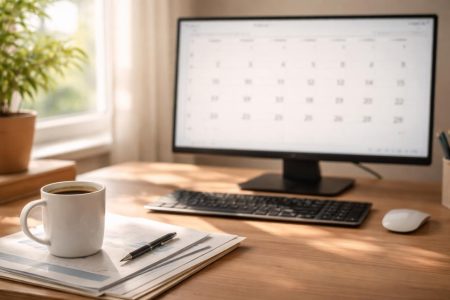 bureau-ordinateur-calendrier-tasse-papiers
