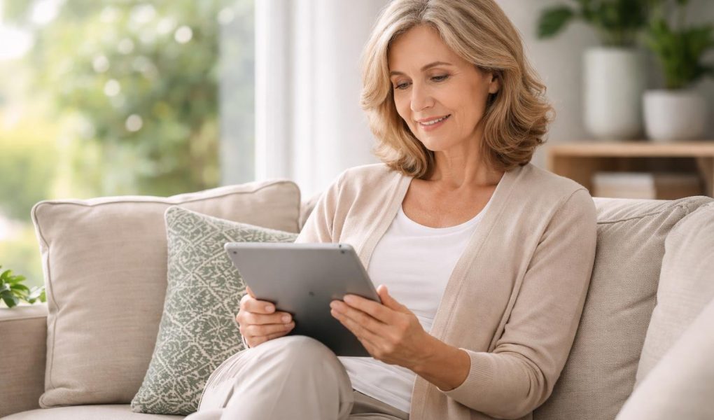 femme-age-tablette-salon-moderne-lumineux