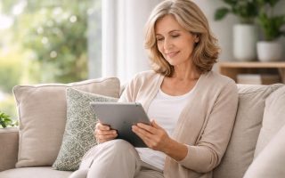 femme-age-tablette-salon-moderne-lumineux