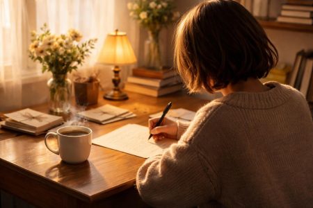personne-bureau-stylo-cafe-lumiere-douce