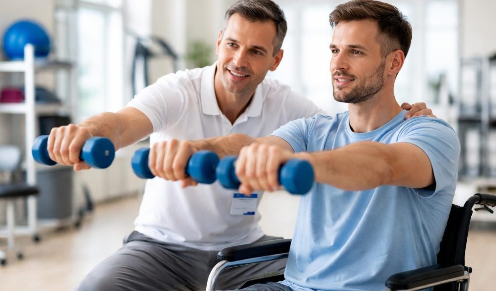 therapeute-patient-exercices-fauteuil-roulant