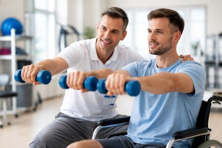 therapeute-patient-exercices-fauteuil-roulant